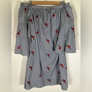 Betsey Johnson blue white striped embroidered flowers off shoulder dress sz 6